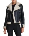 Women's Belted Black Leather Jacket with Shearling Collar