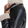 Women's Belted Black Leather Jacket with Shearling Collar Front