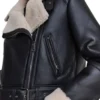 Women's Belted Black Leather Jacket with Shearling Collar Pocket