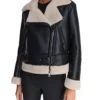 Women's Belted Black Leather Jacket with Shearling Collar Side Look