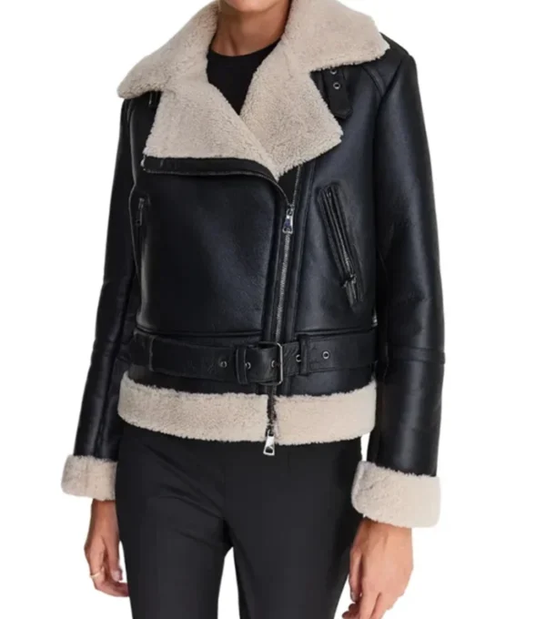 Women's Belted Black Leather Jacket with Shearling Collar Side Look