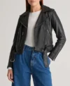 Women's Black Moto Leather Jacket with Belted Waist