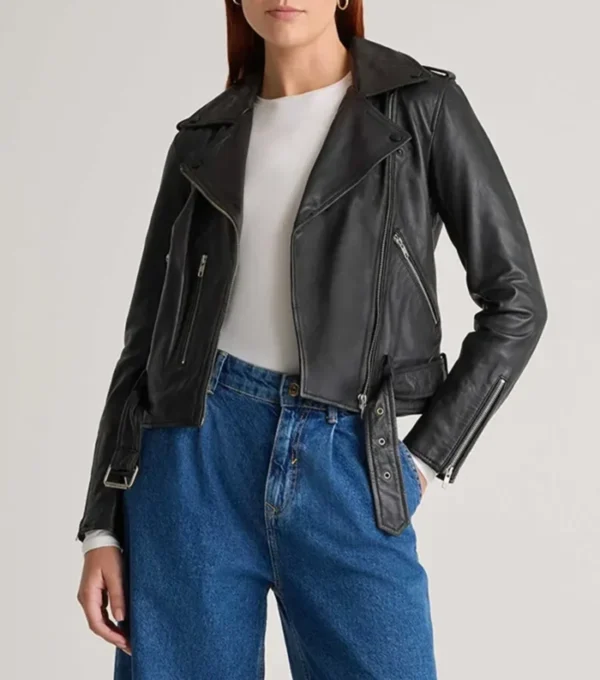 Women's Black Moto Leather Jacket with Belted Waist