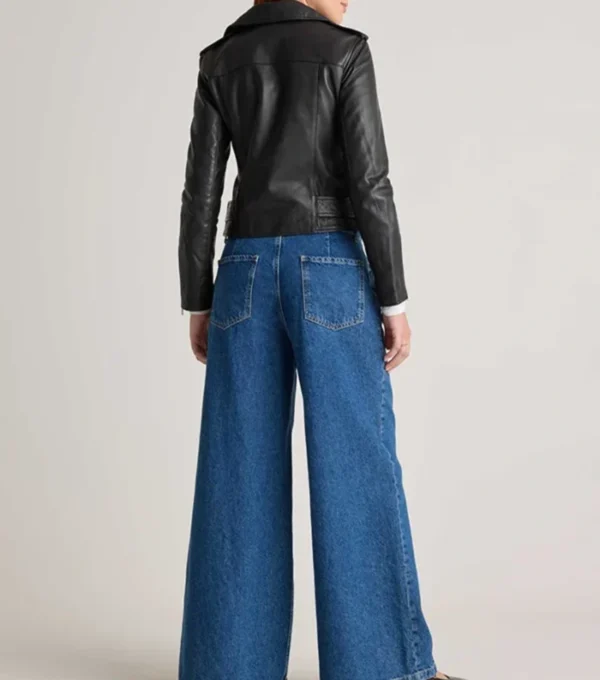 Women's Black Moto Leather Jacket with Belted Waist Back