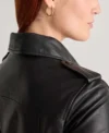 Women's Black Moto Leather Jacket with Belted Waist Closer