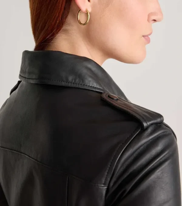 Women's Black Moto Leather Jacket with Belted Waist Closer
