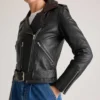 Women's Black Moto Leather Jacket with Belted Waist Side Look