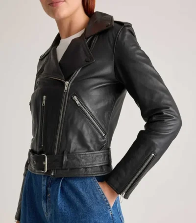 Women's Black Moto Leather Jacket with Belted Waist Side Look