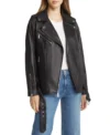 Women's Black Moto Leather Jacket with Waist Belt