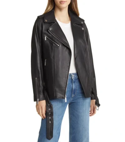 Women's Black Moto Leather Jacket with Waist Belt
