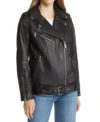 Women's Black Moto Leather Jacket with Waist Belt Front