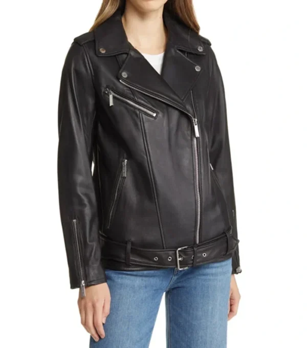 Women's Black Moto Leather Jacket with Waist Belt Front