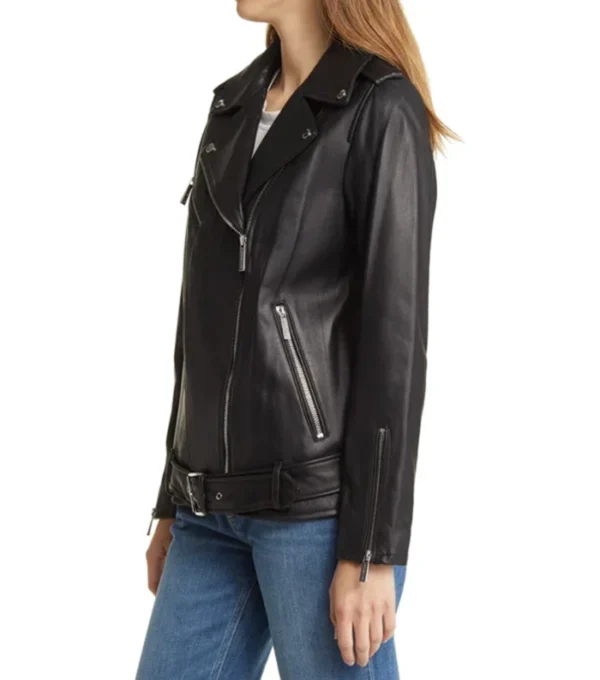 Women's Black Moto Leather Jacket with Waist Belt Side Look