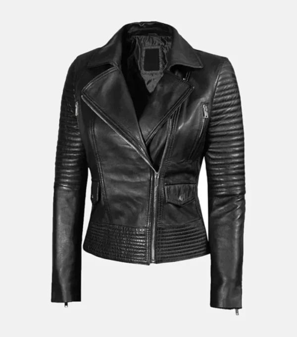 Women's Black Quilted Leather Biker Jacket Side Look