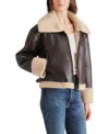 Women's Brown Shearling Aviator Leather Jacket Side Look