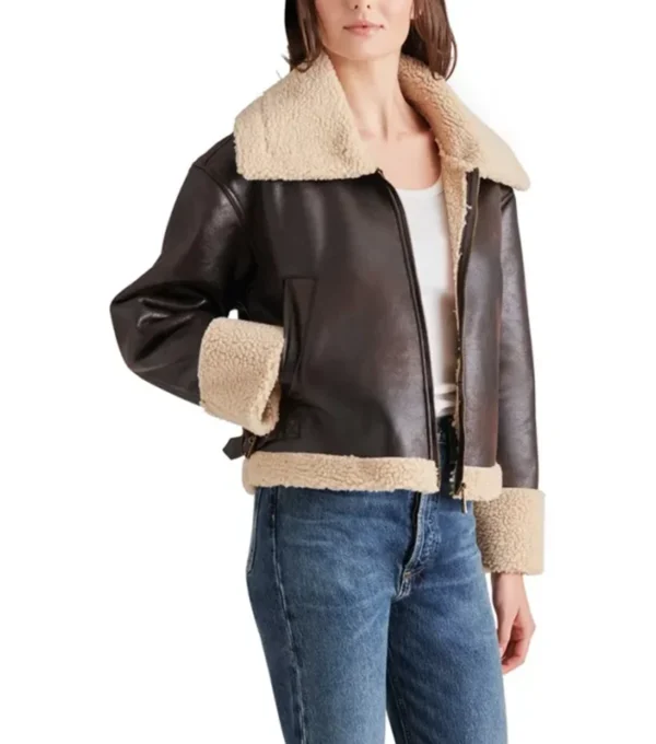 Women's Brown Shearling Aviator Leather Jacket Side Look