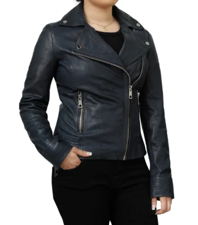 Women's Classic Fit Leather Biker Jacket Side Look