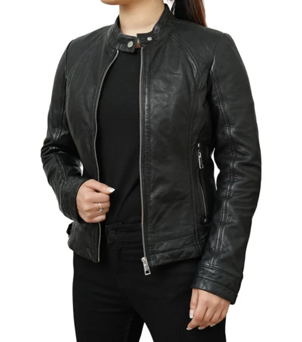 Women's Leather Cafe Racer Jacket Side Look