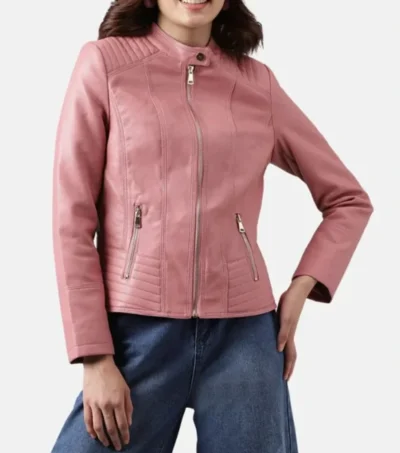 Women's Pink Leather Café Racer Jacket