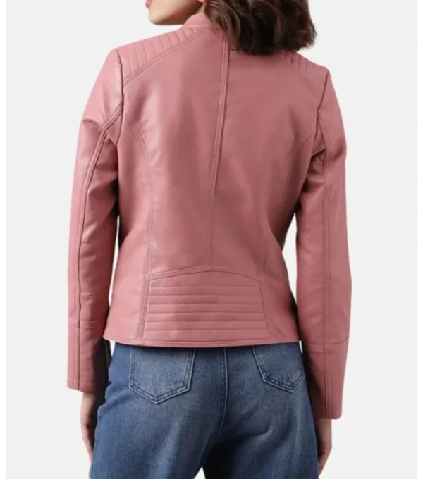 Women's Pink Leather Café Racer Jacket Back