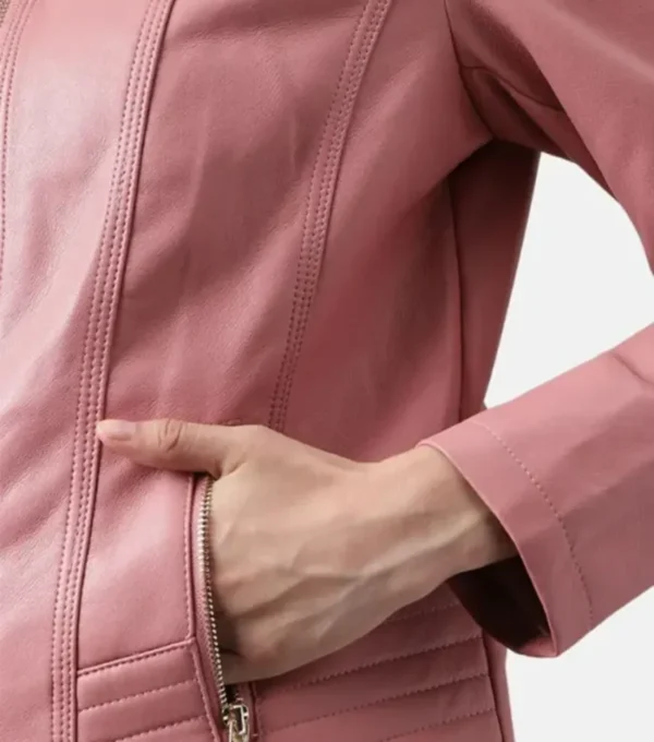 Women's Pink Leather Café Racer Jacket Cuff