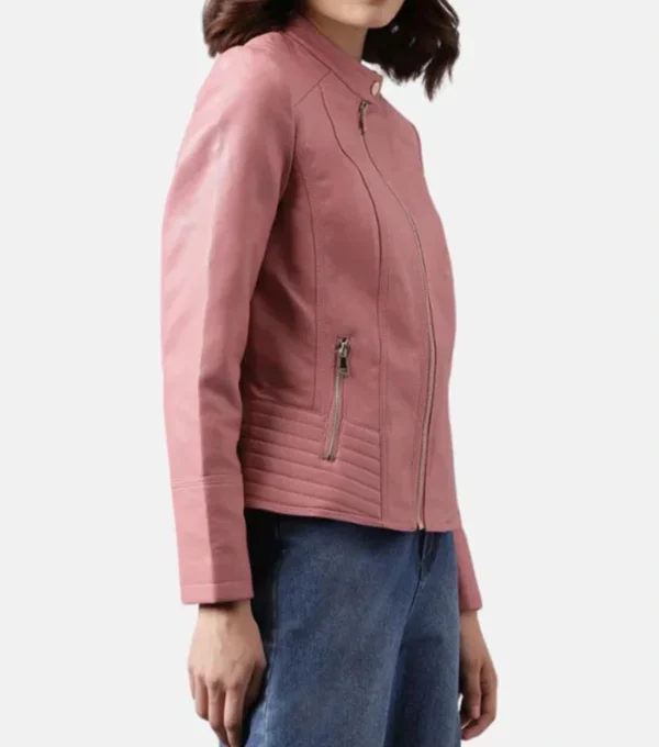 Women's Pink Leather Café Racer Jacket Side Look