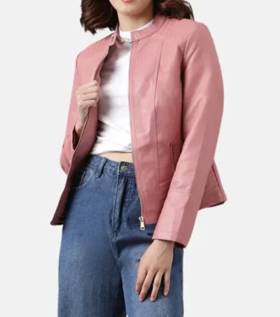 Women's Pink Leather Café Racer Jacket on Sale
