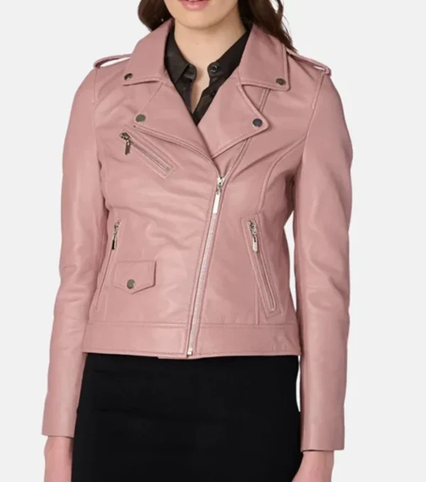 Women's Pink and Black Leather Biker Jacket