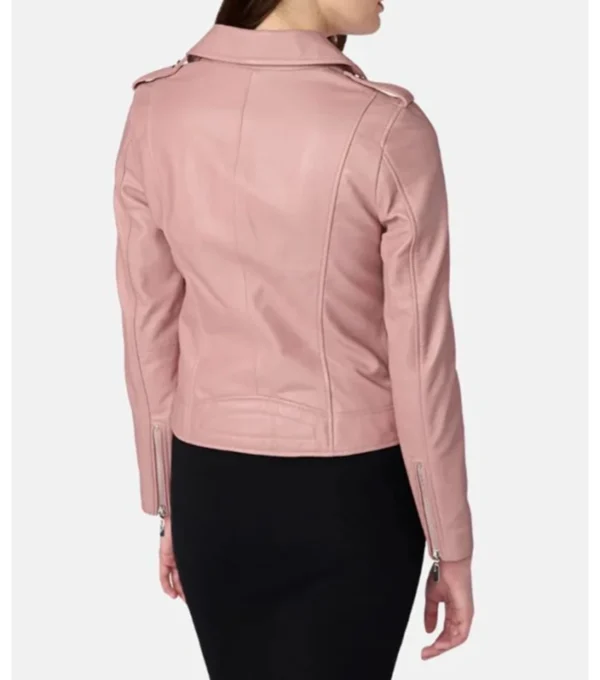 Women's Pink and Black Leather Biker Jacket Back