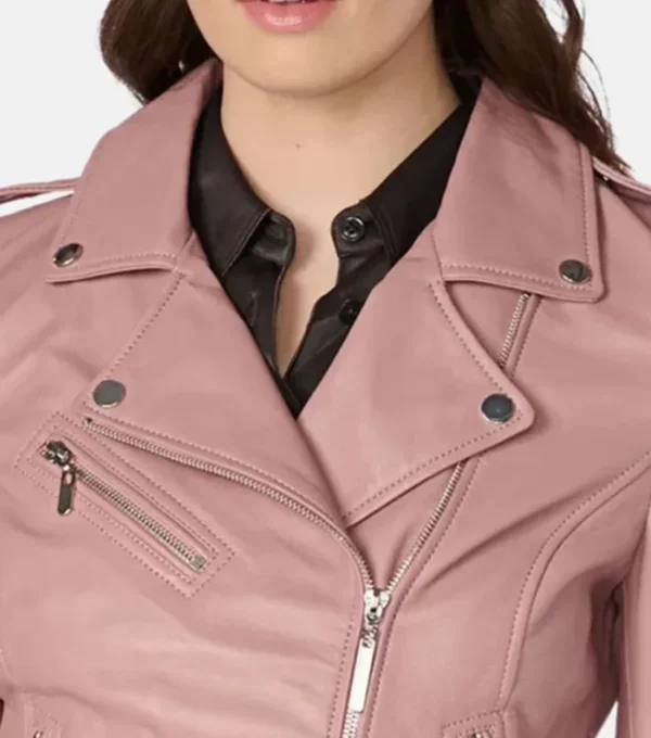 Women's Pink and Black Leather Biker Jacket Closer