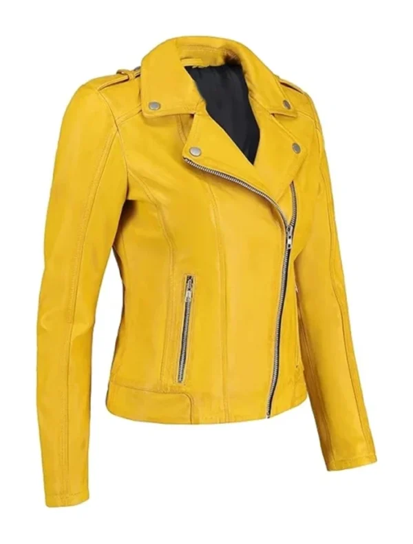 Yellow Biker Leather Jacket Side Look