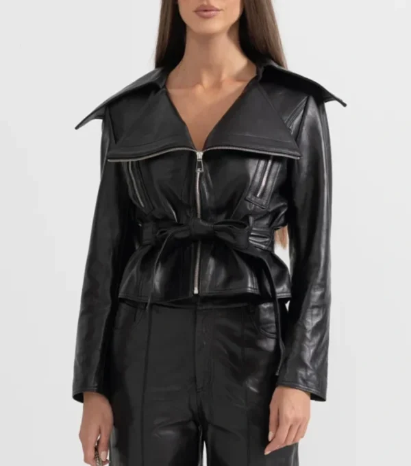 Black Belted Leather Jacket Women