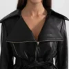 Black Belted Leather Jacket Women Front