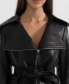 Black Belted Leather Jacket Women Front