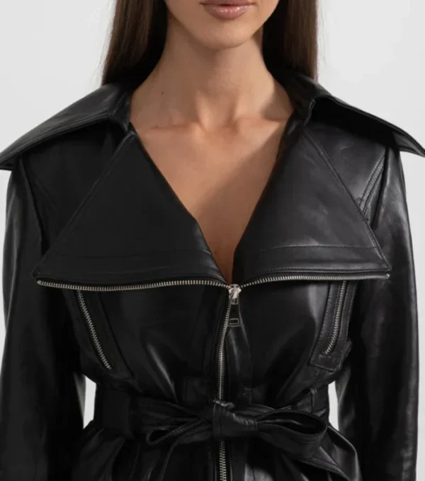 Black Belted Leather Jacket Women Front