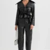 Black Belted Leather Jacket Women on Sale