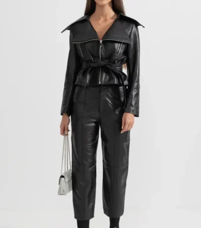 Black Belted Leather Jacket Women on Sale