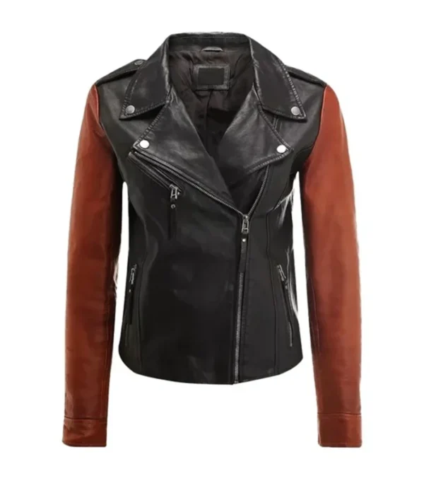Black Biker Jacket with Brown Sleeves Front