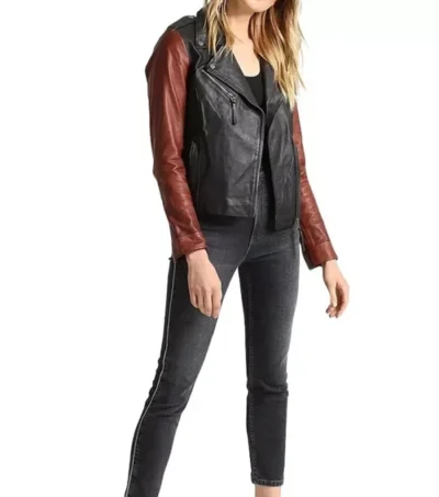Black Biker Jacket with Brown Sleeves on Sale