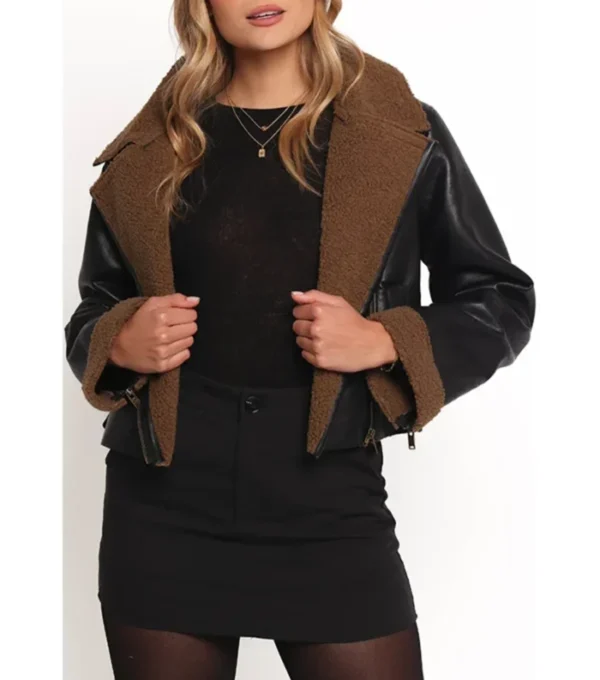 Black Biker Leather Jacket for Women with Inner Brown Fur