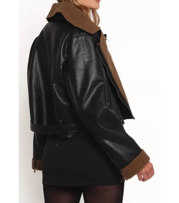 Black Biker Leather Jacket for Women with Inner Brown Fur Back