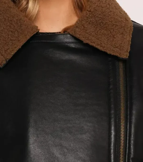 Black Biker Leather Jacket for Women with Inner Brown Fur CLoser