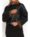 Black Biker Leather Jacket for Women with Inner Brown Fur Front