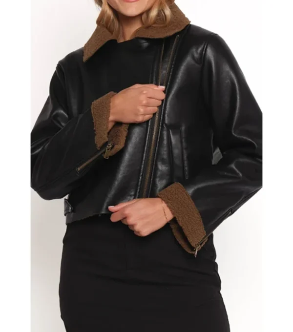 Black Biker Leather Jacket for Women with Inner Brown Fur Front