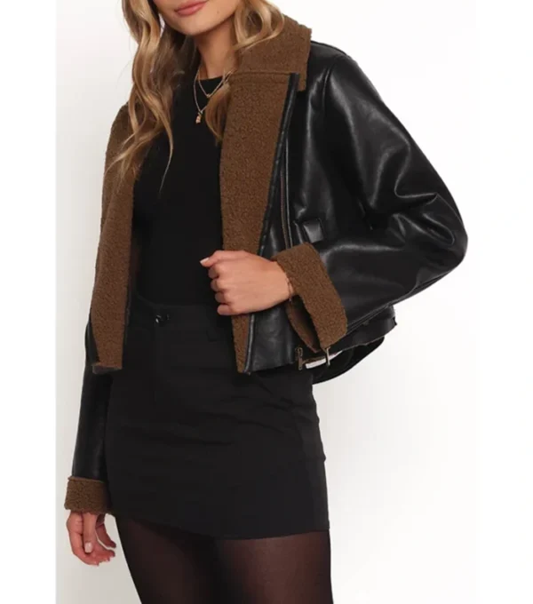 Black Biker Leather Jacket for Women with Inner Brown Fur on Sale
