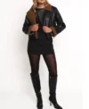 Black Biker Leather Jacket for Women with Inner Browns Fur