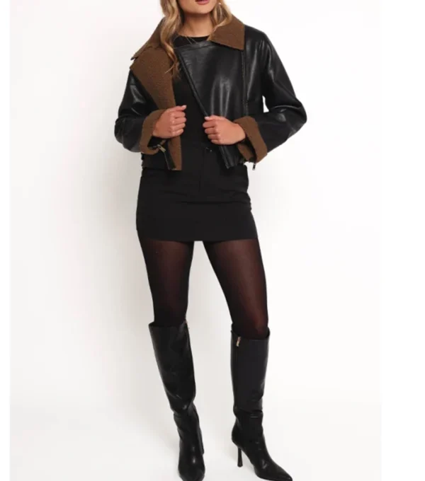 Black Biker Leather Jacket for Women with Inner Browns Fur