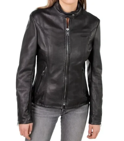 Black Cafe Racer Jacket with Zipper Cuffs Front