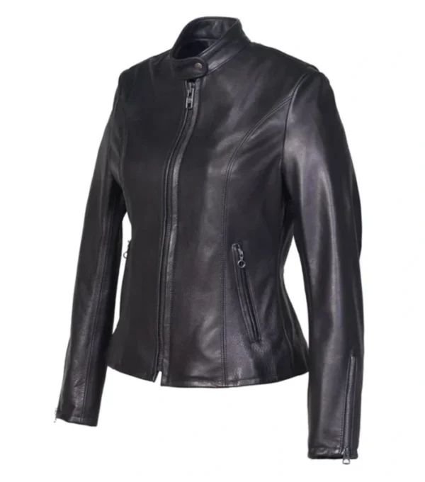 Black Cafe Racer Jacket with Zipper Cuffs Side Look