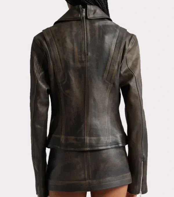 Black Distressed Leather Jacket Women Multi Zipper Back